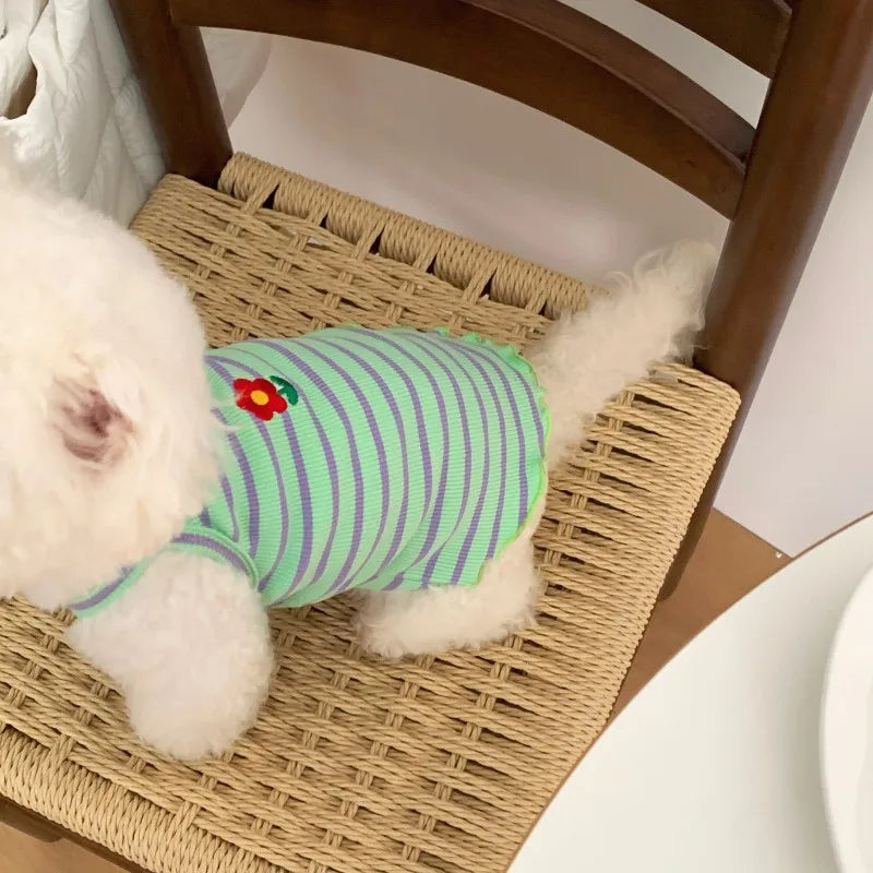 Cute summer dog vest with strawberry and floral print for puppies, featuring suspenders, ideal for small breeds like Chihuahua and Bichon.