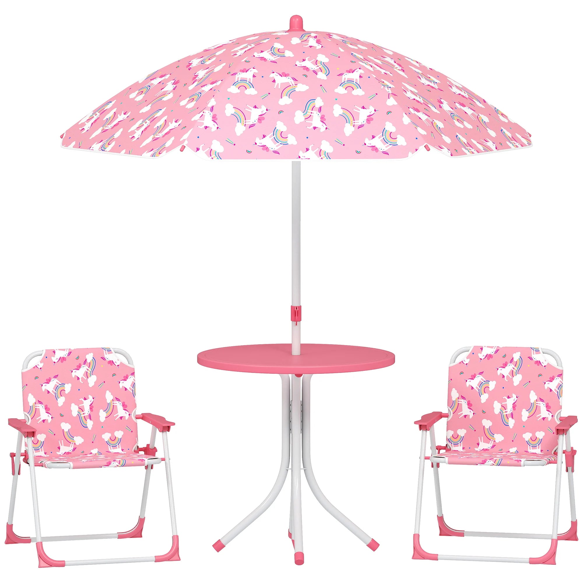 Pink kids picnic table set with two folding chairs and umbrella, ideal for outdoor play in backyard, garden, or patio.