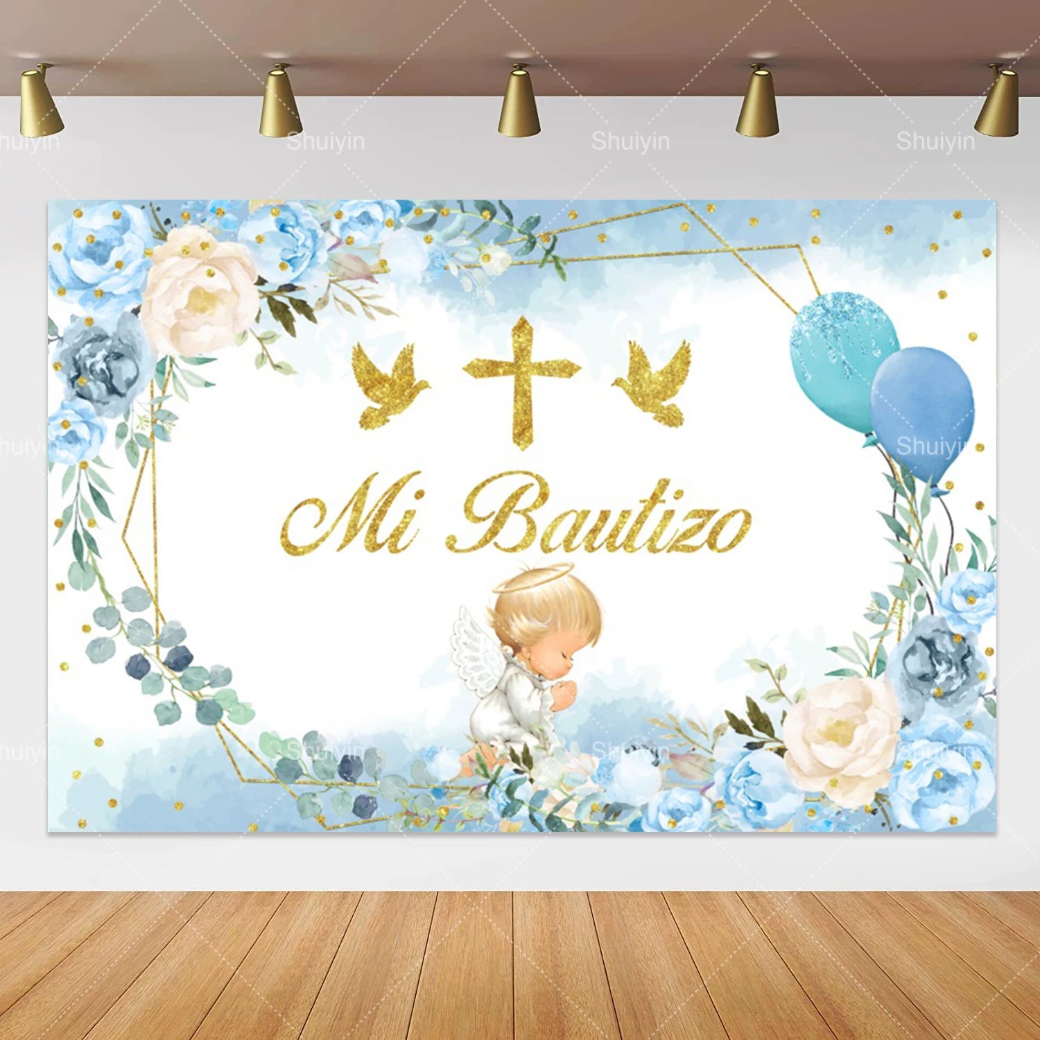Boy Girl First Communion Backdrop Gold Cross Grail God Bless Baptism Party Decor Background Christening Baby Shower Photo Props