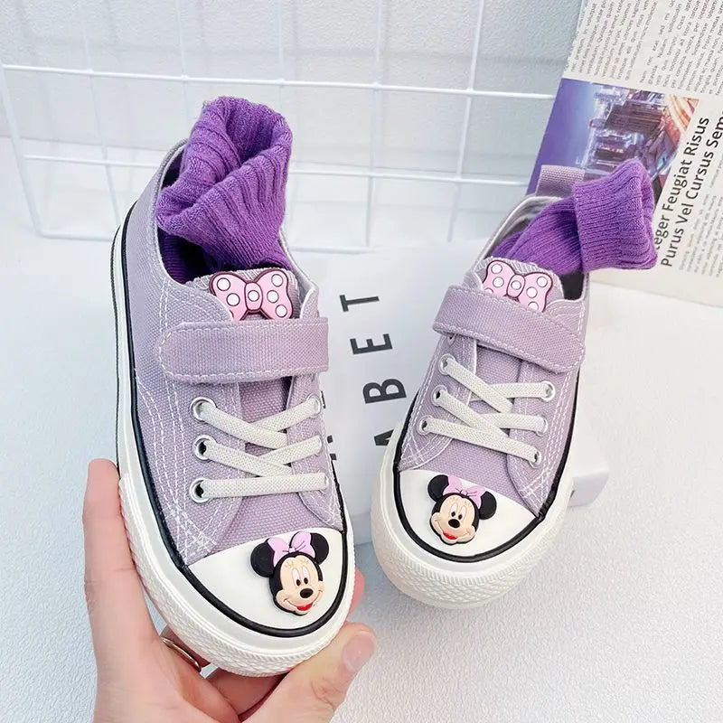 Disney Girls' Canvas Casual Shoes Soft Sole High Top Cartoon Mickey Mouse Minnie Purple White Breathable Shoes Flats Size 24-37
