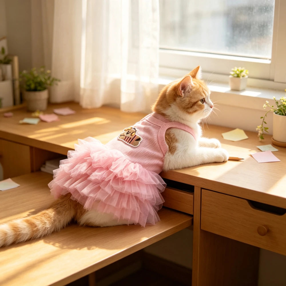 Cute sleeveless puffy princess dog skirt by I YAN, designed for small dogs and cats, featuring a comfortable fit and adorable style.