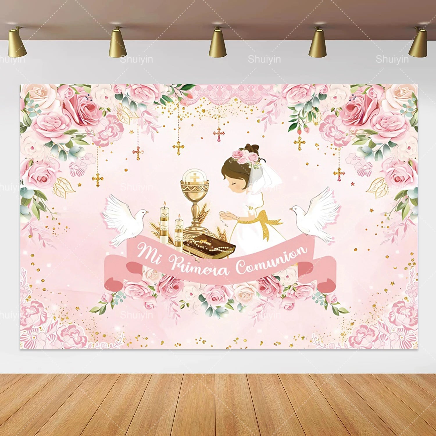 Boy Girl First Communion Backdrop Gold Cross Grail God Bless Baptism Party Decor Background Christening Baby Shower Photo Props