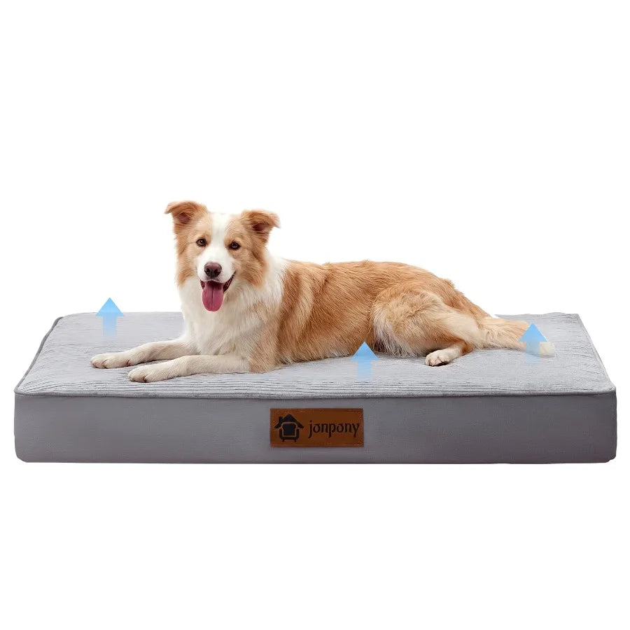 Orthopedic large dog bed with egg crate foam and washable waterproof cover, providing comfort and support for dogs.