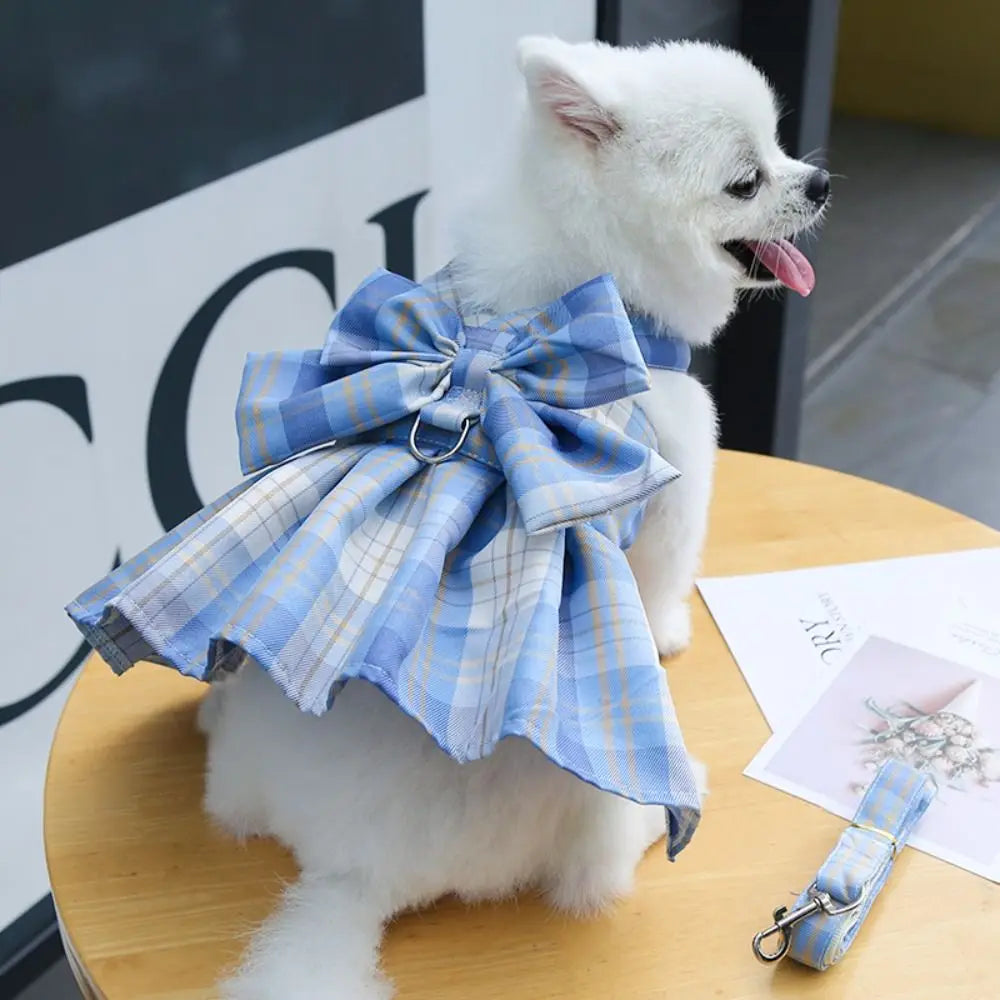 Reusable plaid dog dress with leash, adjustable washable pet harness skirt, thin Dacron material, I YAN brand, with bow and rabbit design