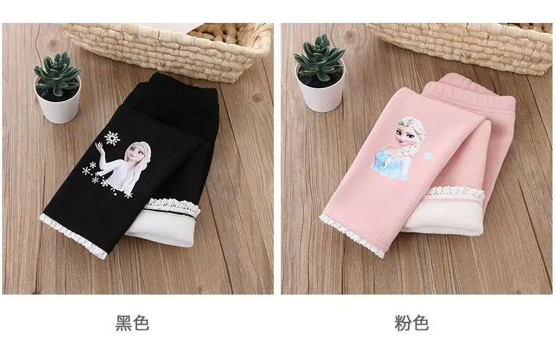 Disney Frozen Elsa Princess Girls Cotton Pants Baby Girls Winter Velvet Warm Long Pants Children's Cartoon Outerwear Leggings