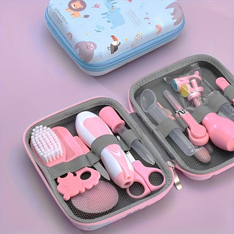 I YAN 14-piece healthcare kit with portable case, includes nail clippers, ear spoon, comb, brushes, ideal for personal grooming.