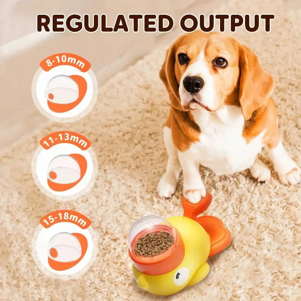 Yellow duck-shaped dog slow feeder and food puzzle toy by I YAN, designed to promote healthy eating and reduce gulping.