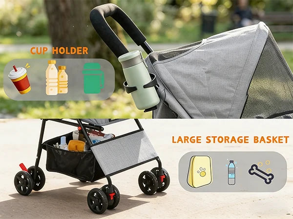Lightweight I YAN foldable pet stroller with four wheels, small dog and cat carrier with breathable mesh for travel and outdoor walks.
