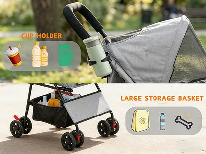 Lightweight I YAN foldable pet stroller with four wheels, small dog and cat carrier with breathable mesh for travel and outdoor walks.