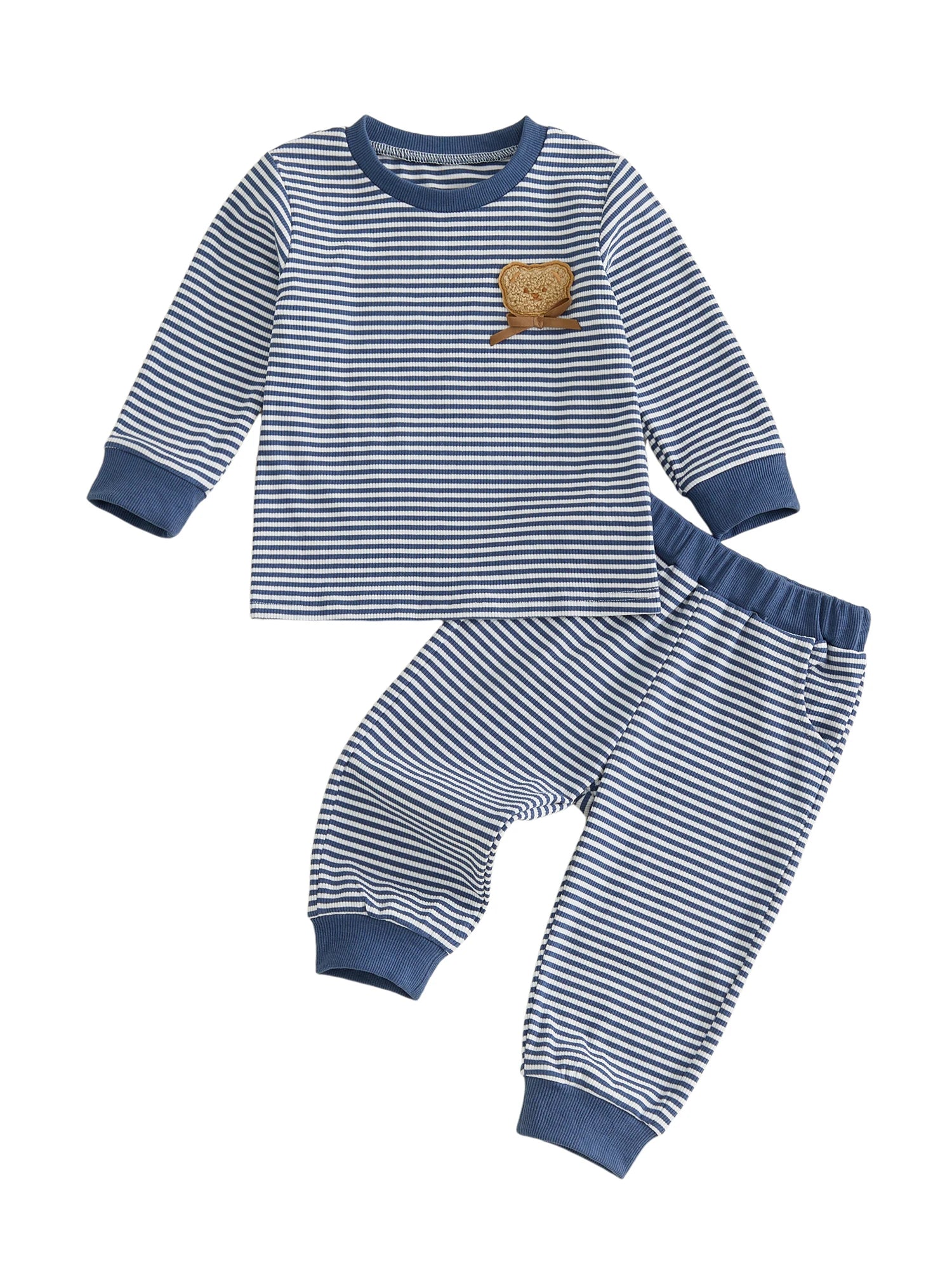 I YAN toddler crew neck sweater with striped print, embroidery bear design, perfect for fall, featuring a cozy striped neck and crew neck style.