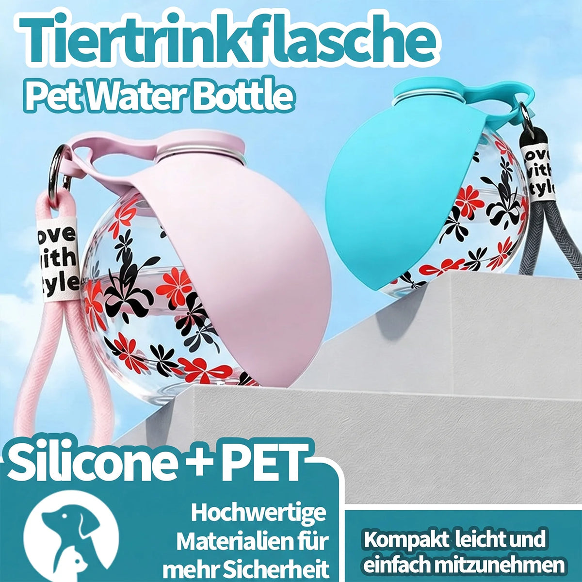 Portable I YAN pet water bottle with detachable bowl and wrist strap, leak-proof travel dispenser for pets on the go.
