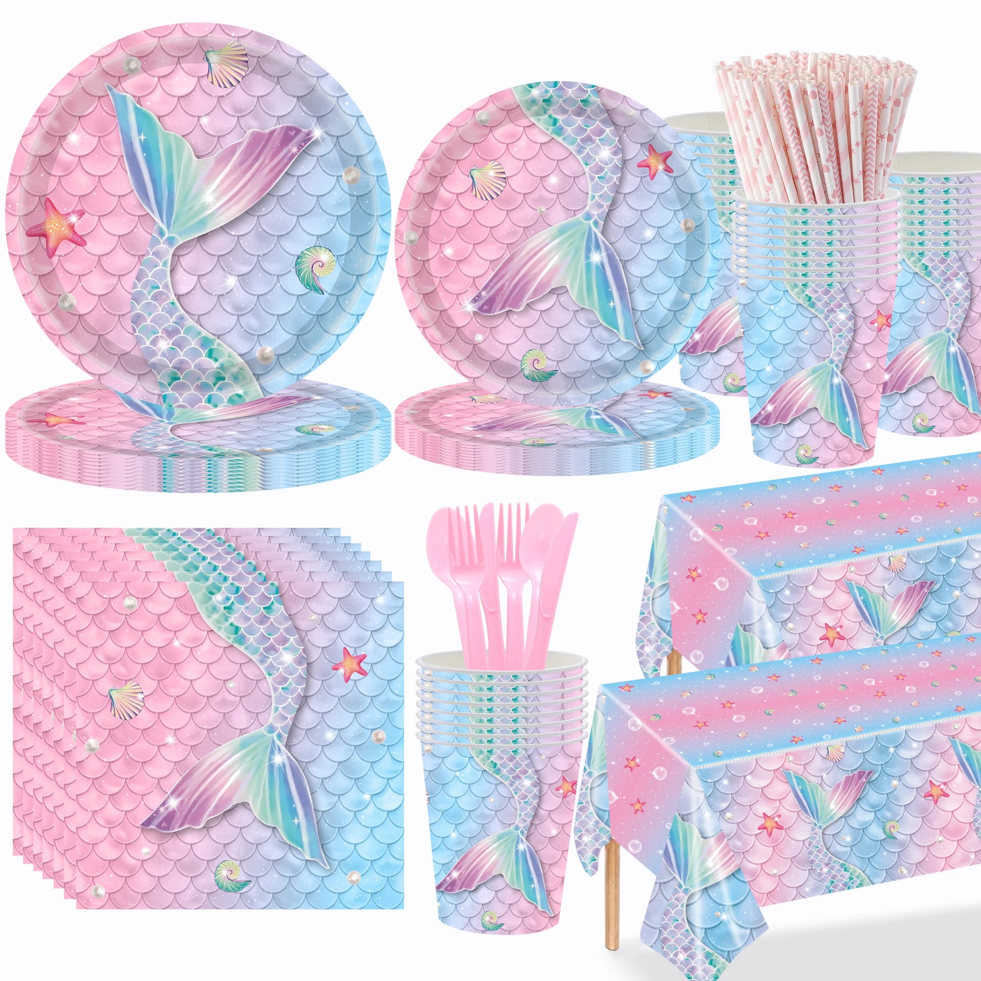 Mermaid Themed Party Disposable Tableware Little Mermaid Tail Paper Plates Cups Napkins Banner Birthday Party Decoration Supplie