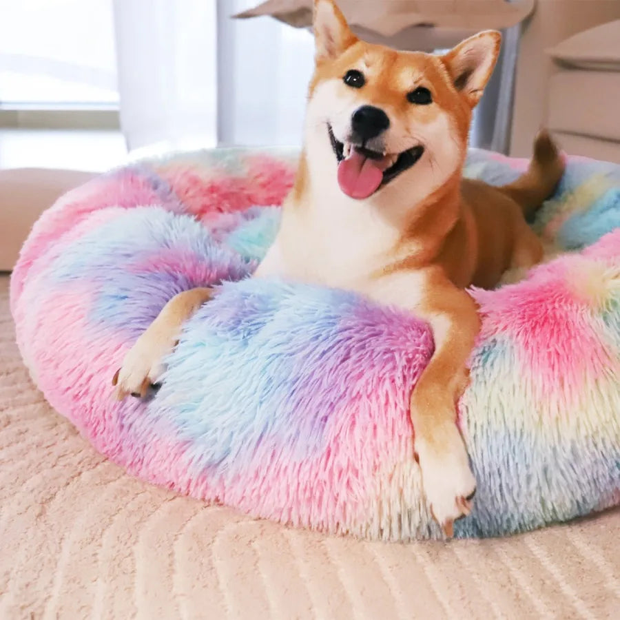 Pink rainbow Calming Donut pet bed for small dogs, I YAN plush cozy warming dog bed, anti-anxiety and soft for comfort