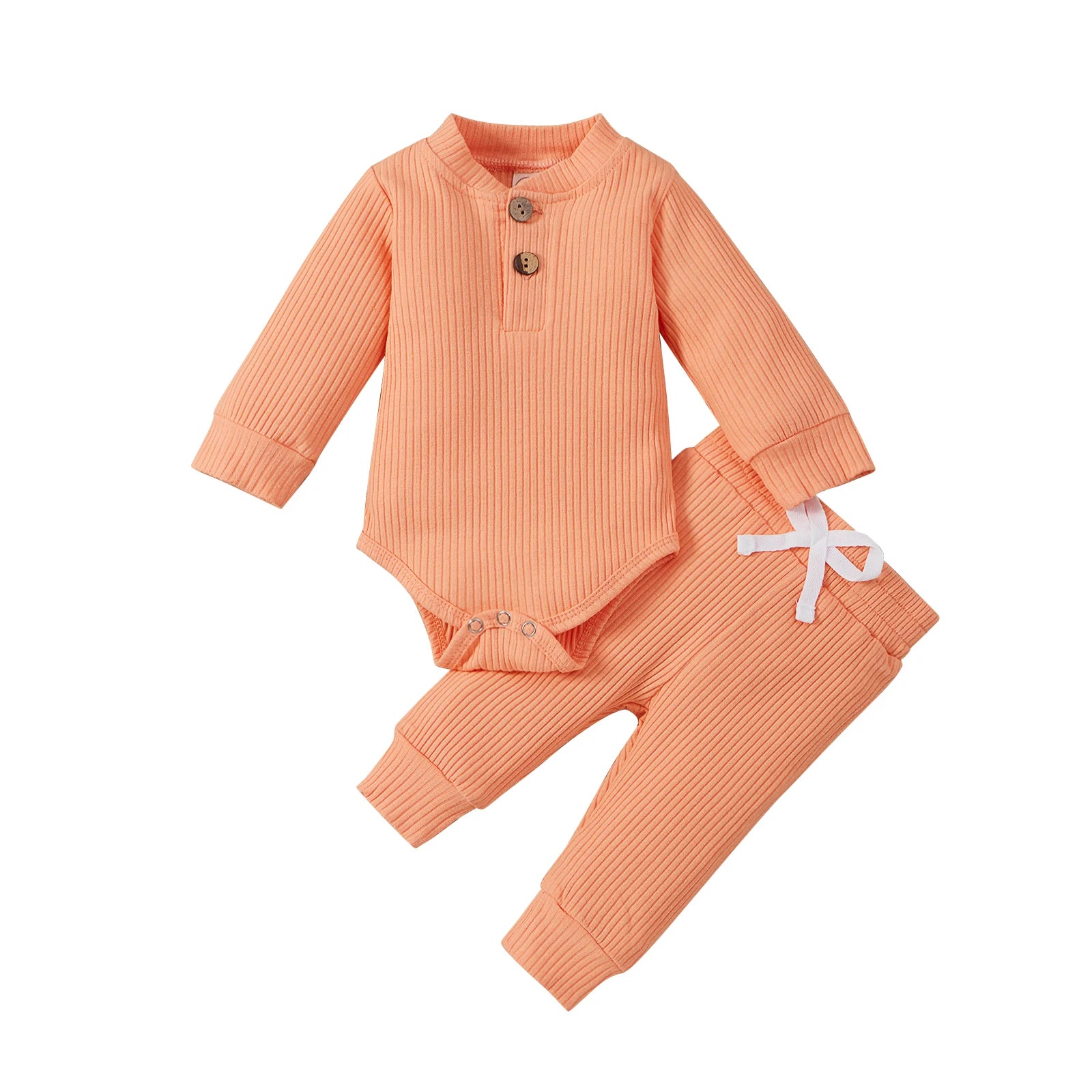 Infant baby girl and boy spring autumn ribbed and plaid long sleeve bodysuits with elastic pants 2-piece outfit by I YAN.