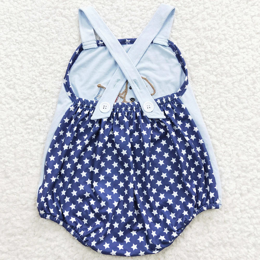 Pink baby girl's romper by I YAN with 4th of July dog print, perfect for toddlers and boutique kids' sibling outfits.