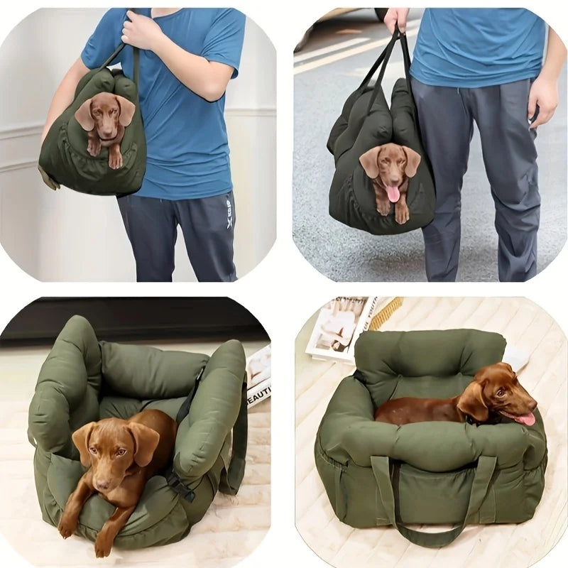 Dog car seat with safety belt by I YAN, non-slip travel carrier for small dogs, securely holds pet during car rides.