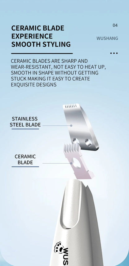 I YAN pet grooming trimmer with LED light, waterproof dog and cat hair clipper, low noise design, close-up of blades and LED light.