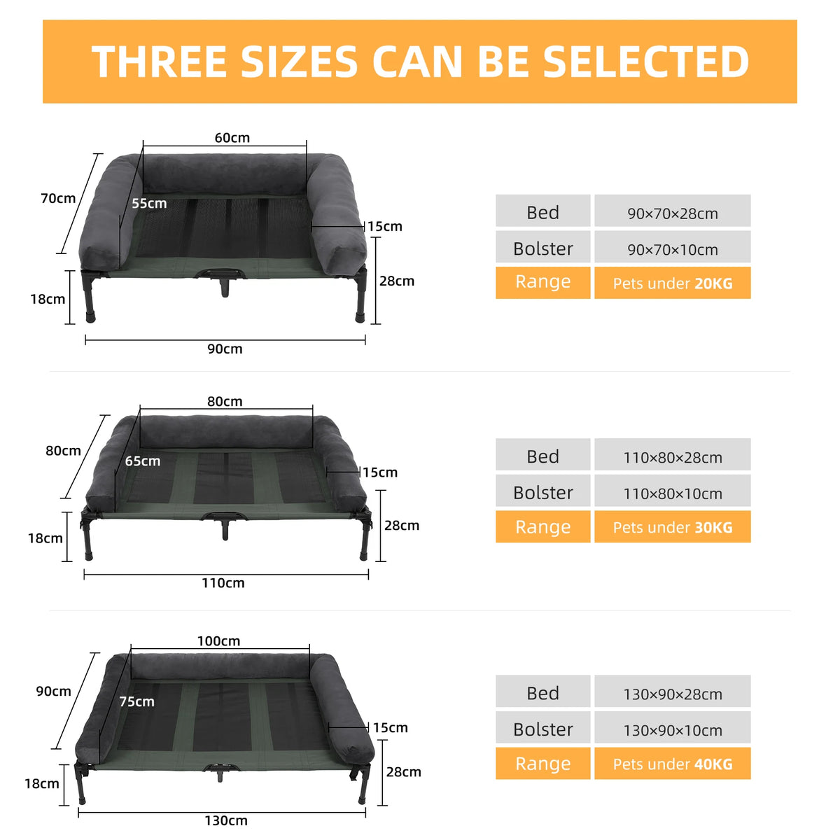 I YAN outdoor elevated dog bed for large dogs, cooling raised cot with plush bolster and breathable mesh fabric.