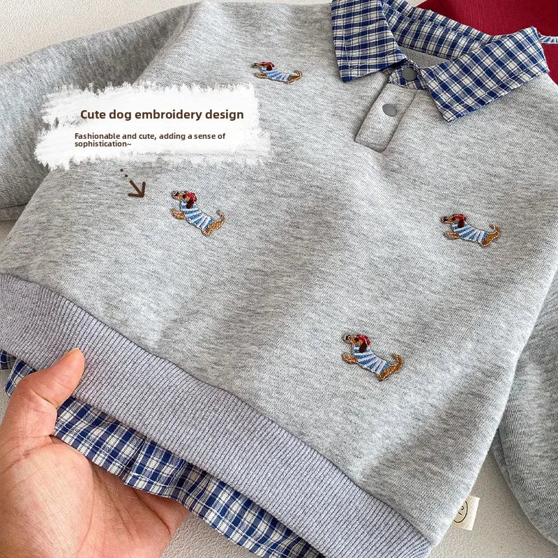 Children's Hoodie 2025 New Winter Boys' Fashionable Lapel and Fleece Pullover, Baby Red New Year's Clothing