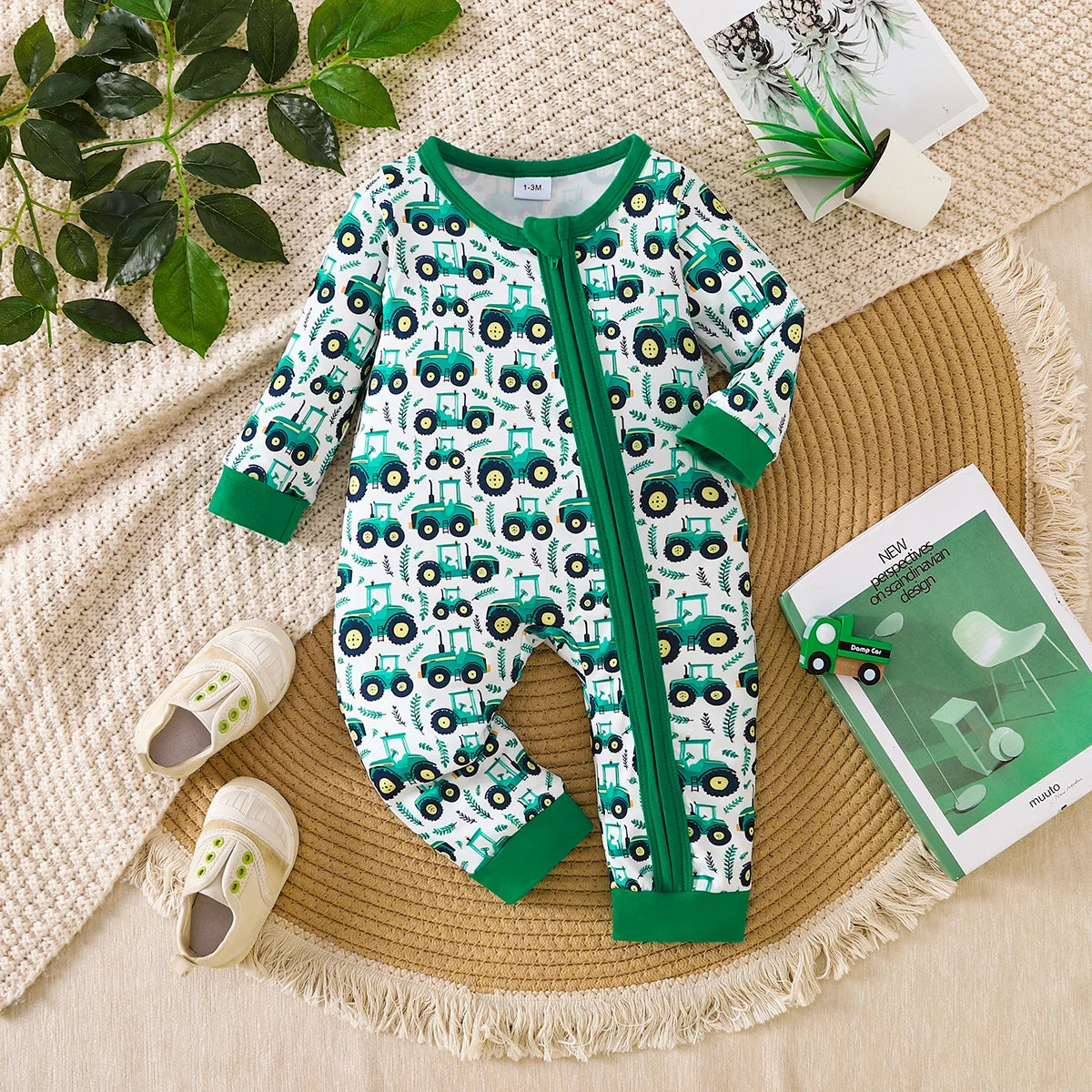 2026 Spring Autumn Baby boy Romper 0-3Years: White Green Long Sleeve Cartoon Print Cotton Zipper Onesie Easy Wear Home Sleeping