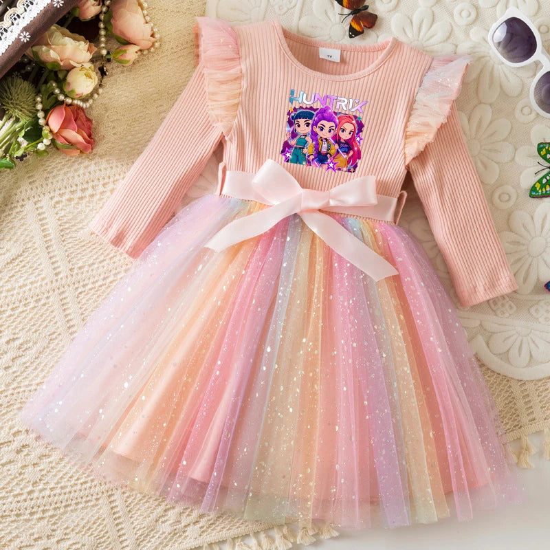 K-Pop Hunters Rainbow Princess Dress for Girls Sequin Birthday Party Mesh Dress for Baby Casual Long Sleeve Girls Dresses 1-5Y