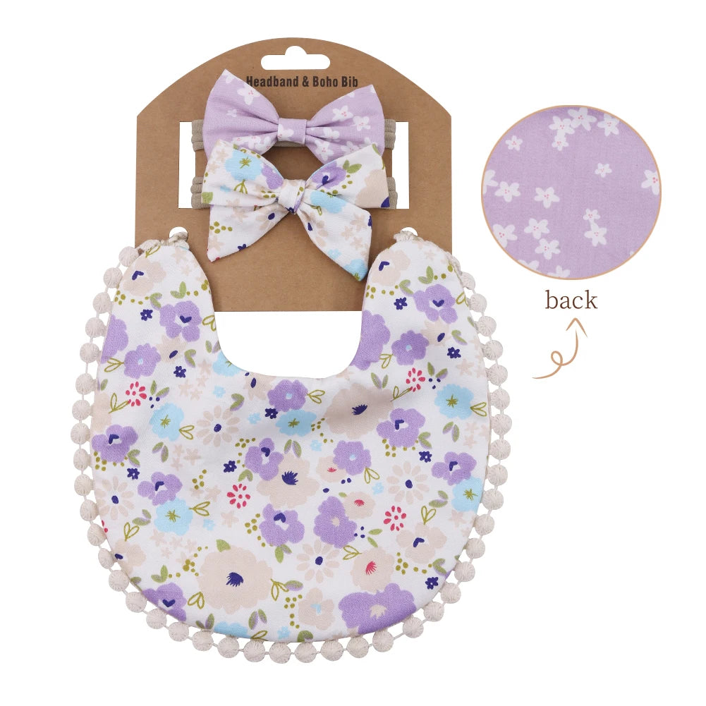 Set of three flower print cotton linen baby bibs, elastic nylon headbands, and double-deck saliva towels for boys and girls by I YAN.