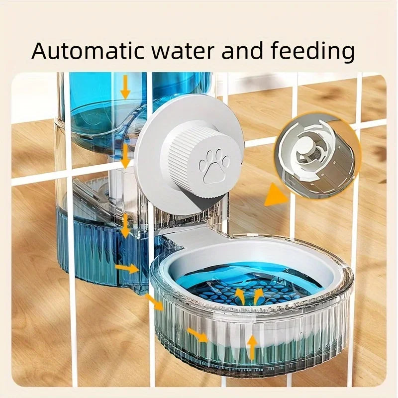 I YAN hanging automatic pet food and water dispenser set with container bowl, designed for cages and gravity feeding.