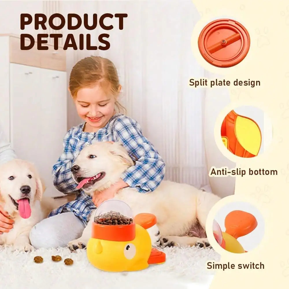 Yellow duck-shaped dog slow feeder bowl and treat dispenser by I YAN, designed to promote healthy eating and mental stimulation.