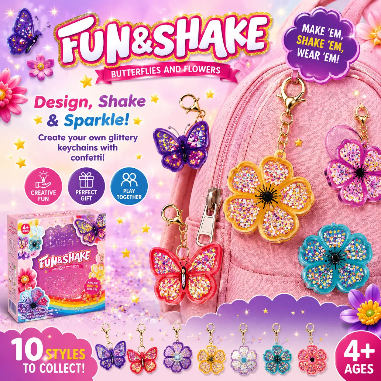 DIY butterfly and flower keychain kit by I YAN featuring diamond painting stickers, glitter, sequins, and shaker charms for kids.