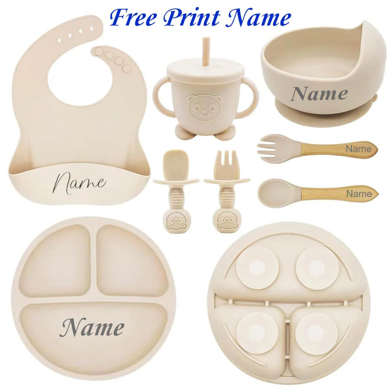 Personalized Baby Feeding Set 8-Piece – Silicone Plate Bowl Cup & Bib with Free Name Print - I YAN