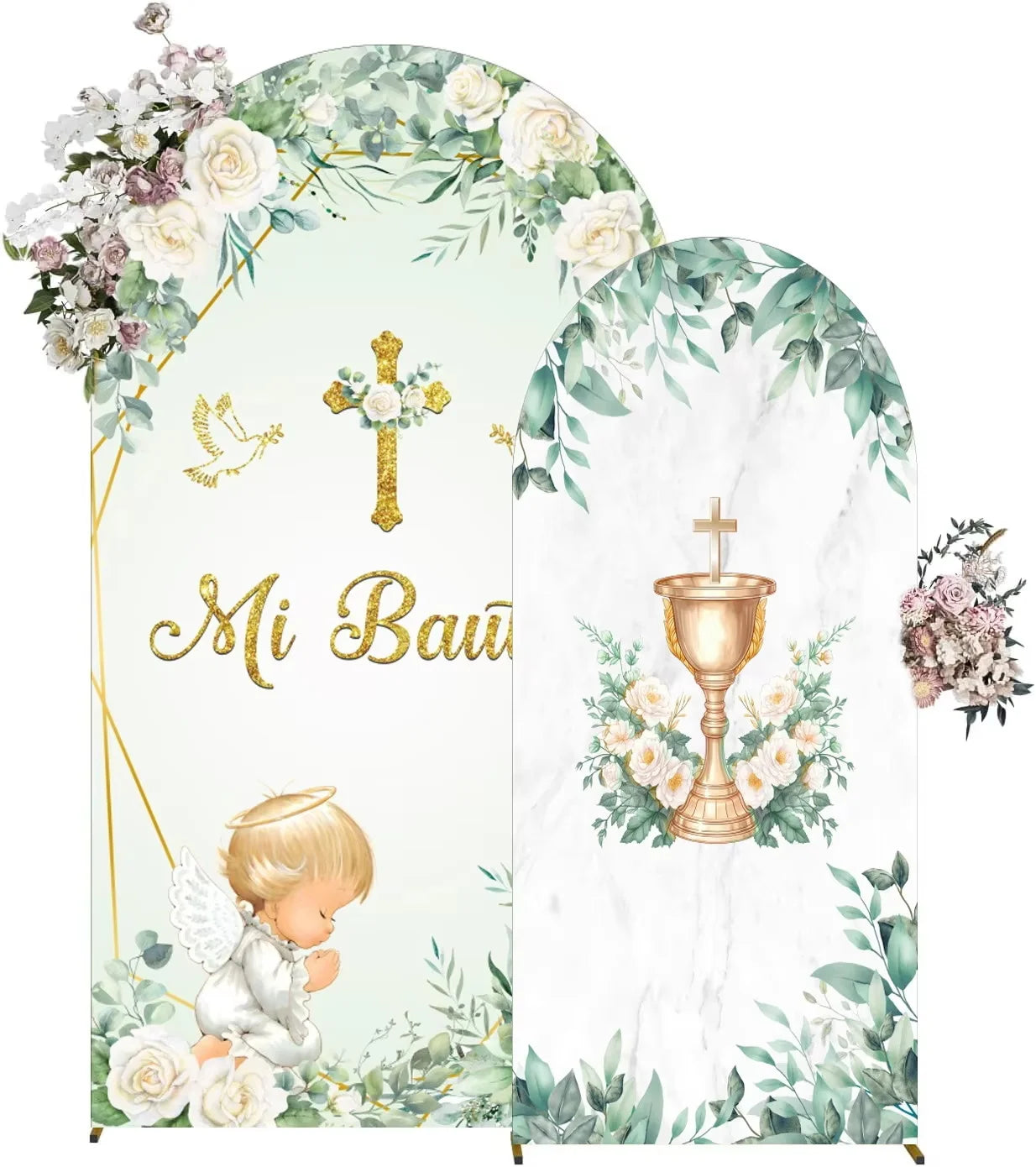First Communion Arch Backdrop Cover Flowers God Bless Holy Cross Dove Girl Boy Baptism Baby Shower Decor Arched Background Props