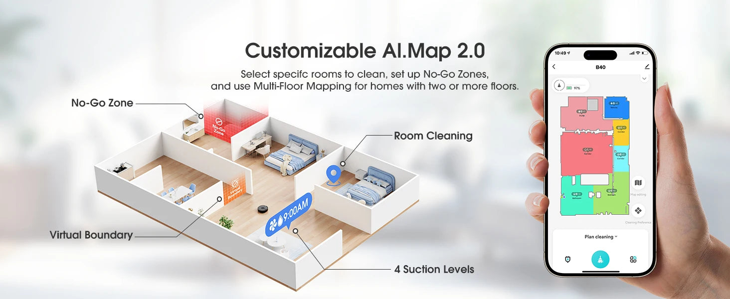 Lubluelu B40 Robot Vacuum and Mop Cleaner, 6000Pa Strong Suction, 180 Mins Long Runtime, APP Control Smart Mapping, 34 No-Go Zon