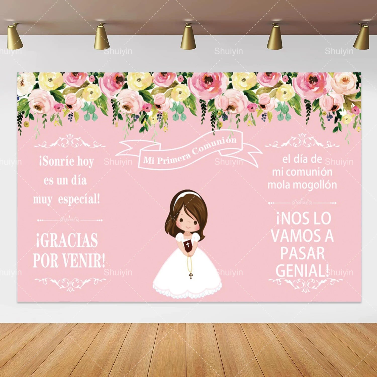 Boy Girl First Communion Backdrop Gold Cross Grail God Bless Baptism Party Decor Background Christening Baby Shower Photo Props