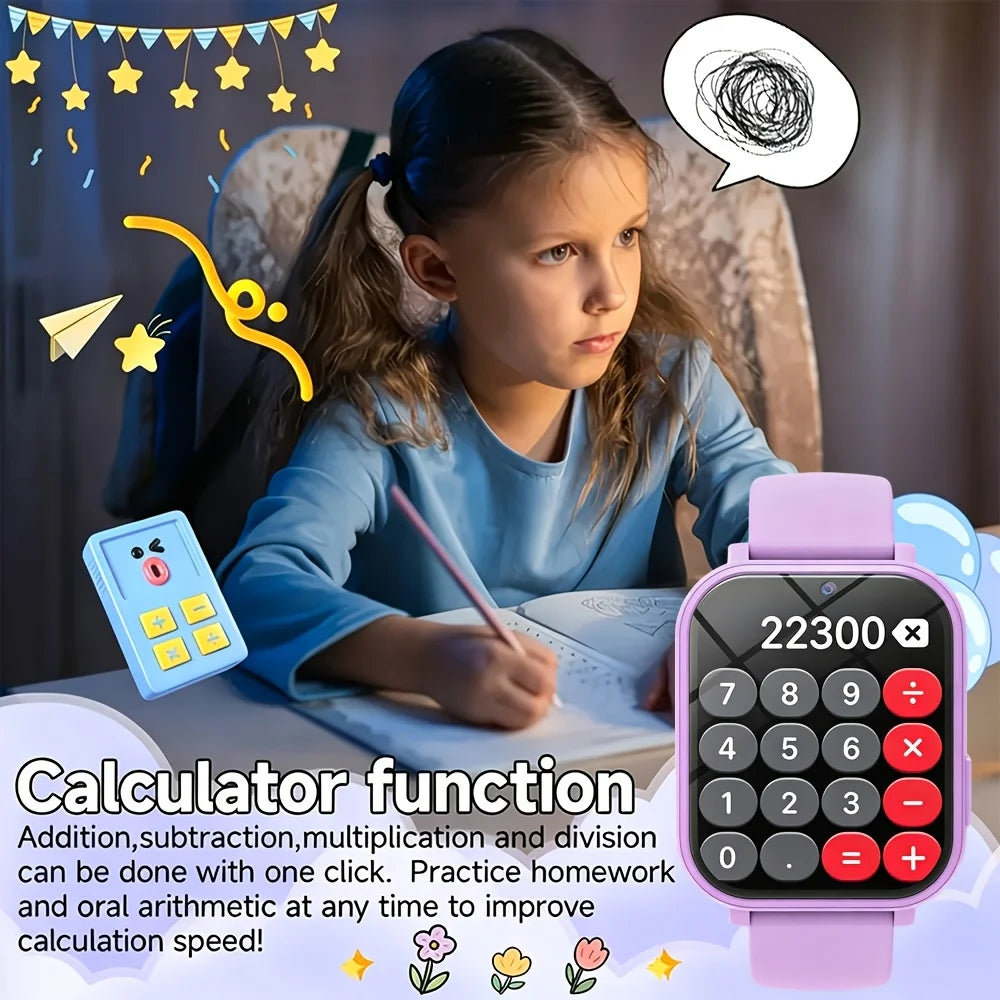 Youngsters's I YAN smartwatch with HD touchscreen, camera, music player, puzzle games, pedometer, and flashlight for kids aged 6-12.