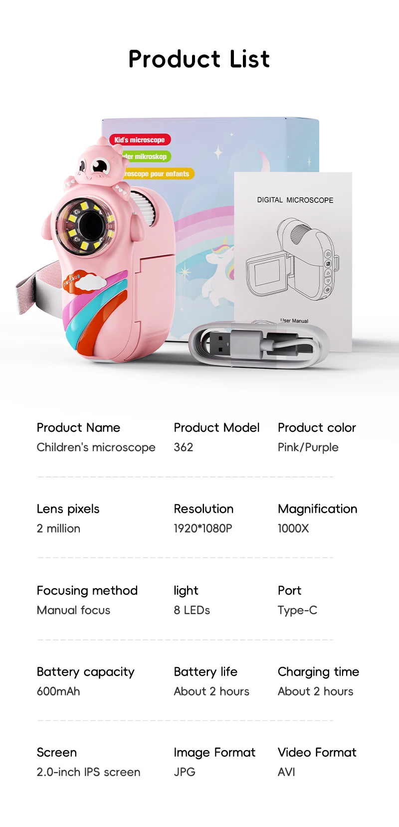 Kids Microscope 8 LED Light 1000x Magnifying Handheld Digital Microscope Adjustable Focus Telescope for Christmas Birthday Gift