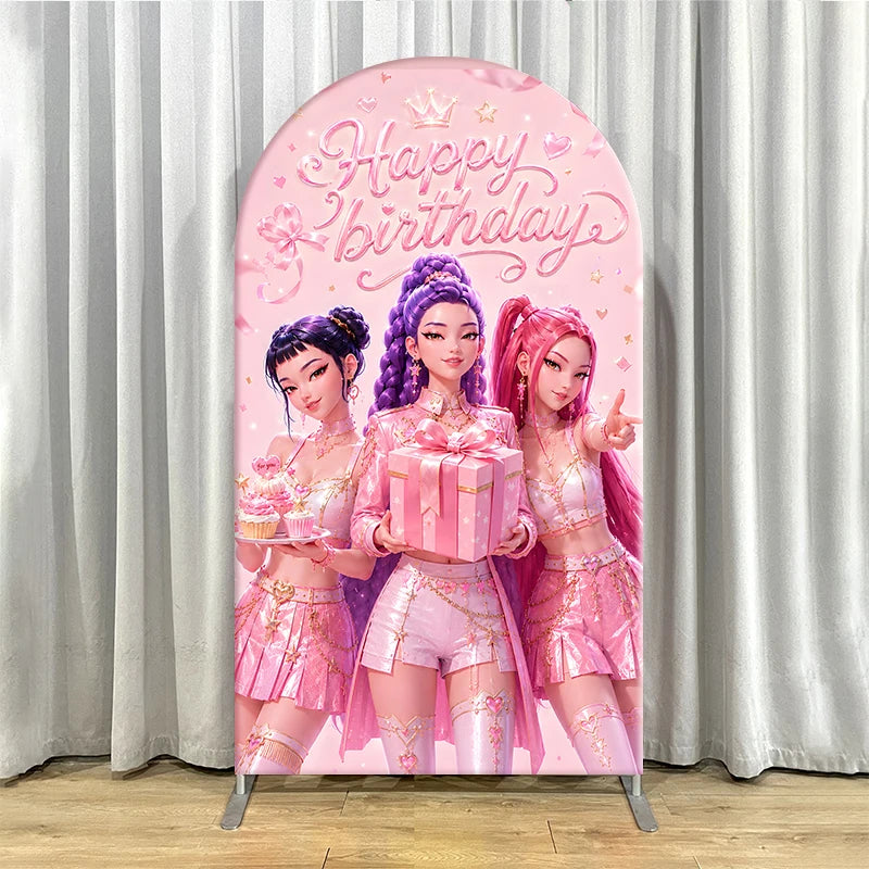 Pink Kpop Demon Hunters Arch Backdrop Cover Spandex Chiara Arch Set for Girl Birthday Party Photo Booth Studio Decor Supplies