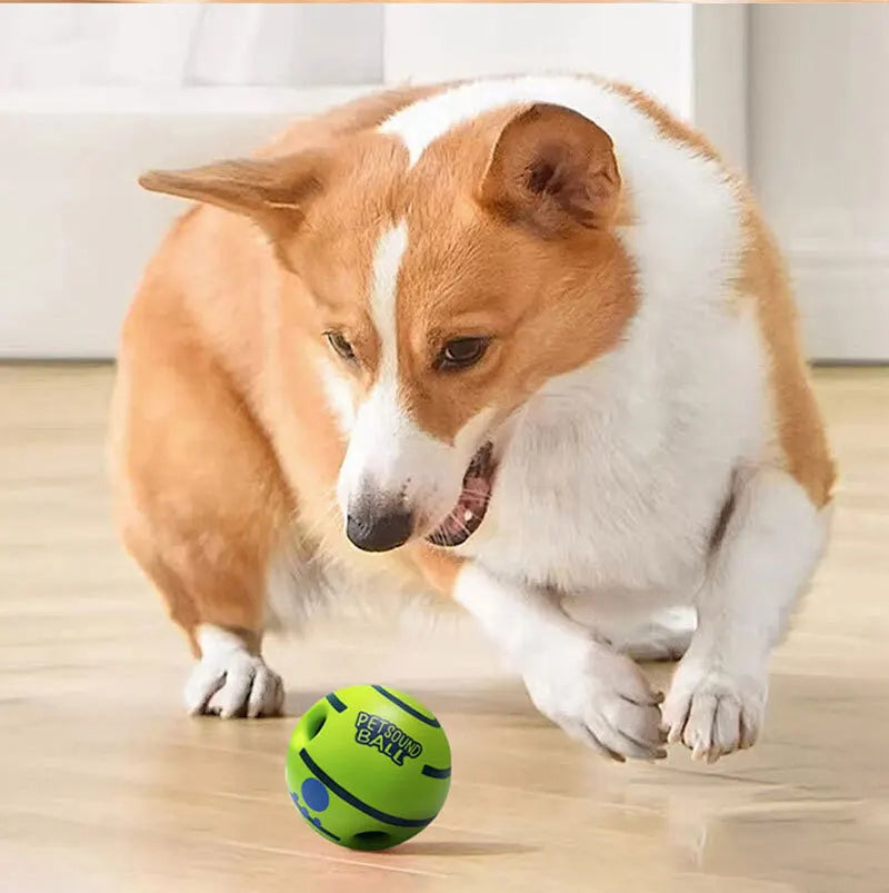 I YAN Wobble Wag Giggle Glow Ball for dogs, an interactive toy with sound and light features, shown on a plain background.