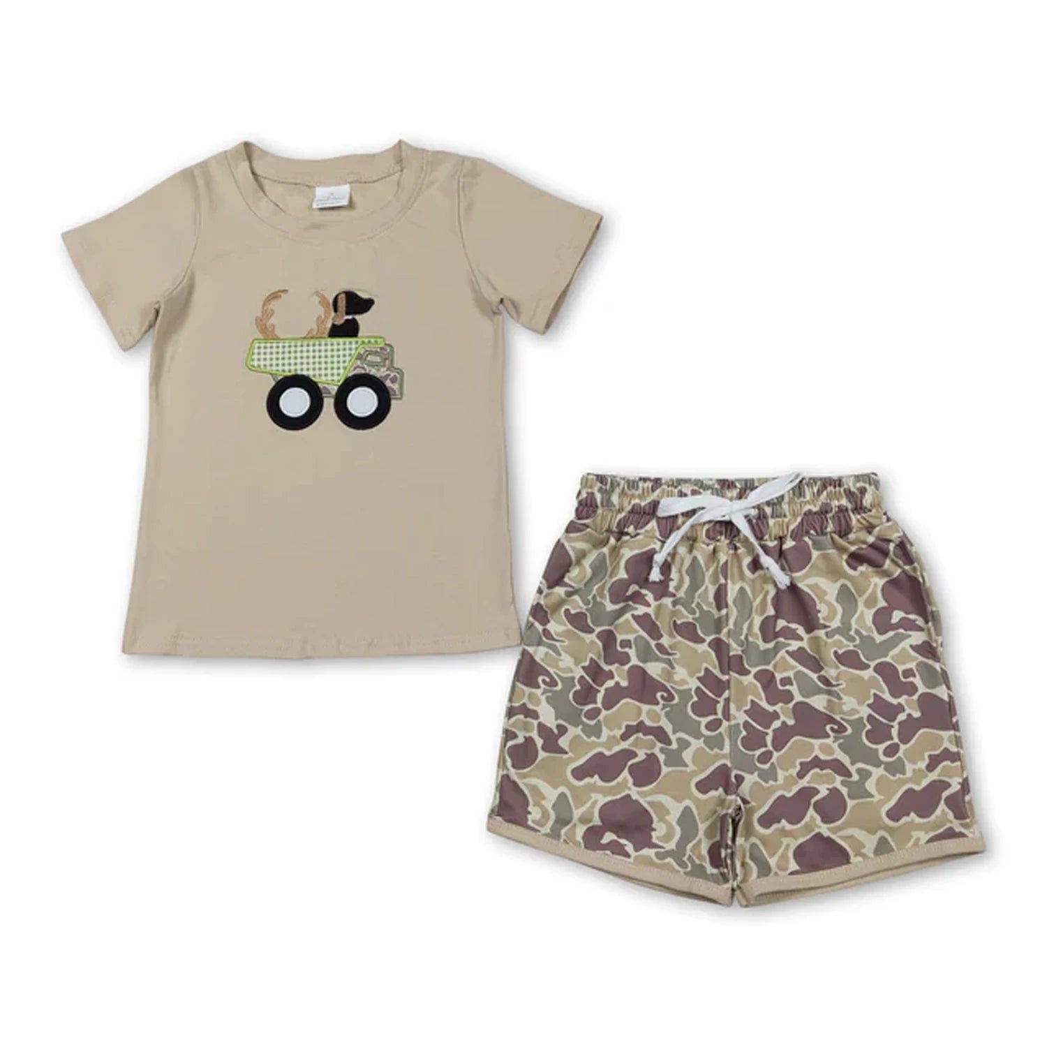 Toddler boy summer outfit set with print short sleeve T-shirt and elastic waist shorts by I YAN, perfect for warm weather.