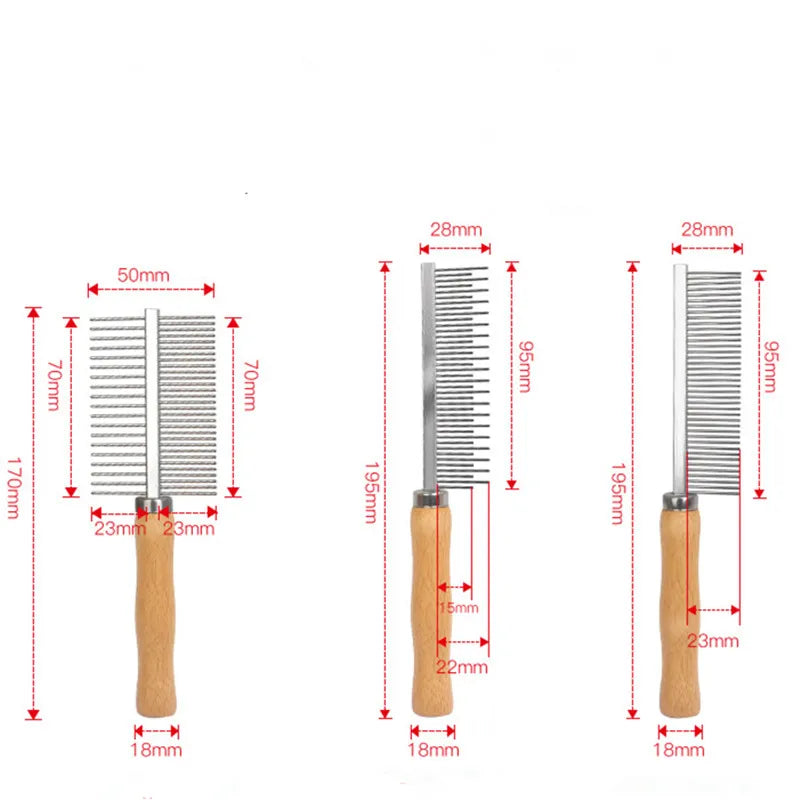 Stainless steel cat comb with wooden handle for grooming cats and dogs, pet hair removal and cleaning tool.