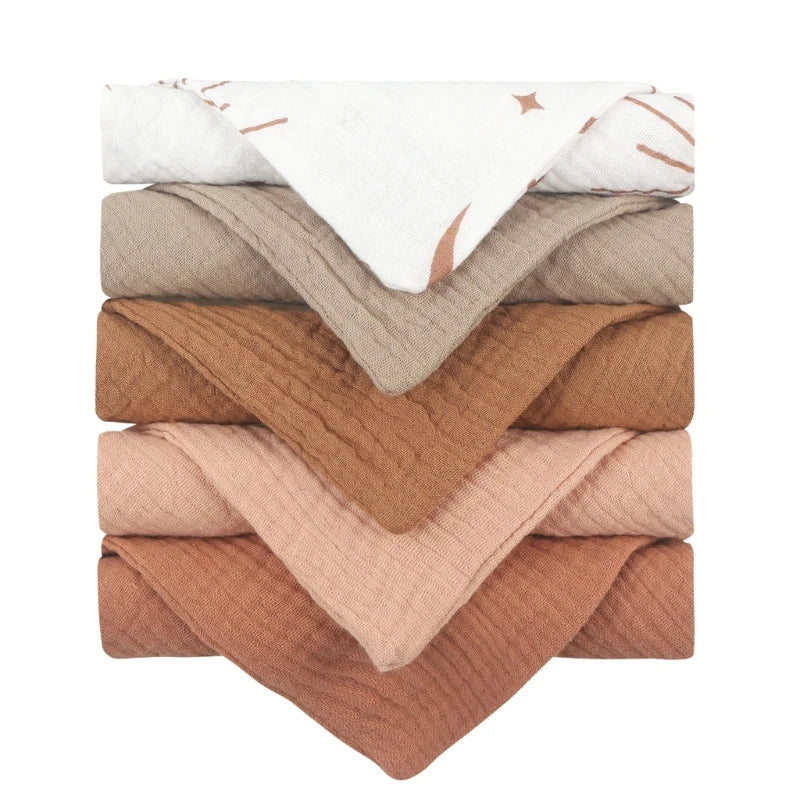 Set of 5 I YAN square cotton baby face towels and burp cloths with soft, absorbent gauze material for kids feeding and cleaning.