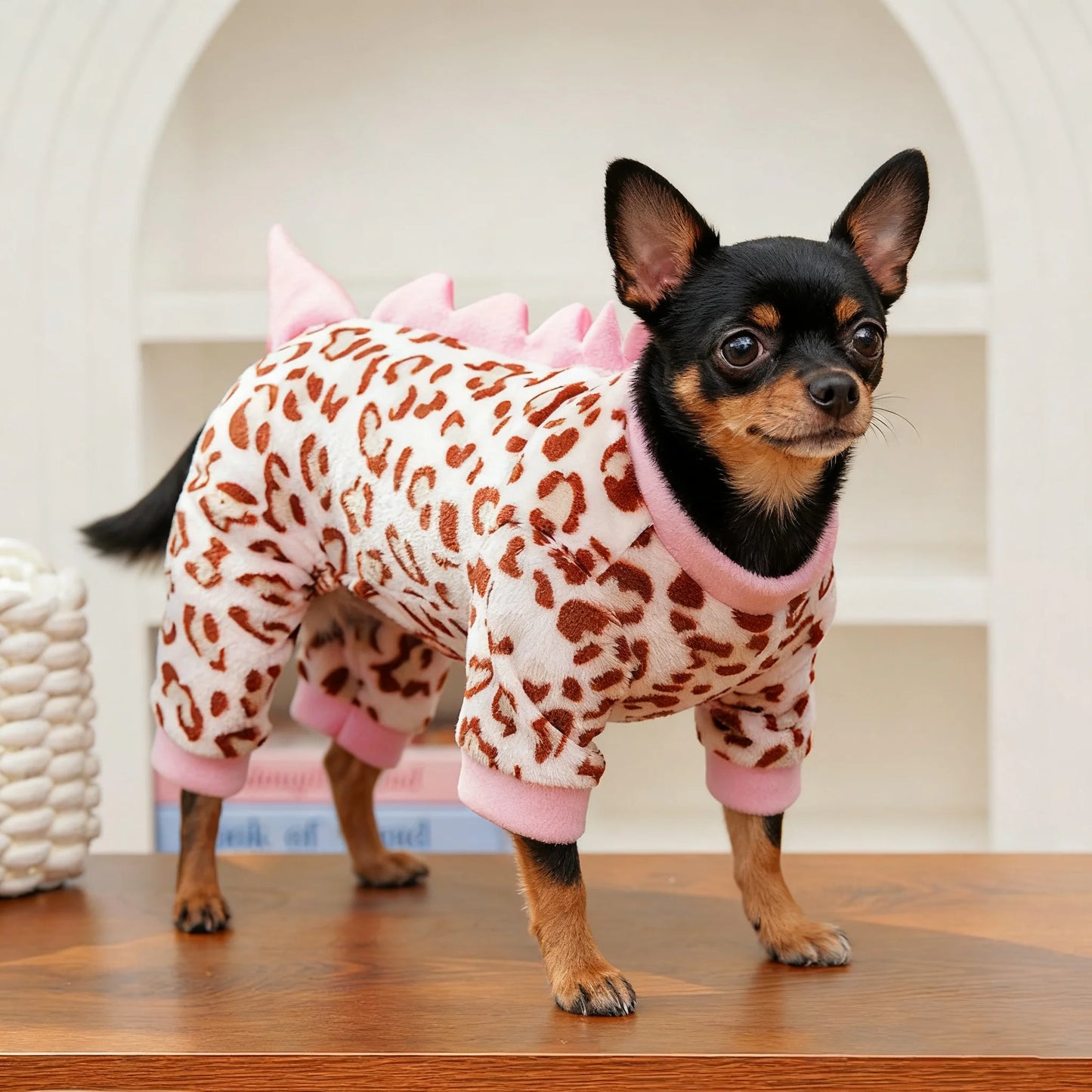 Leopard Dinosaur Dog Pajamas – Warm Fleece Jumpsuit for Small Dogs