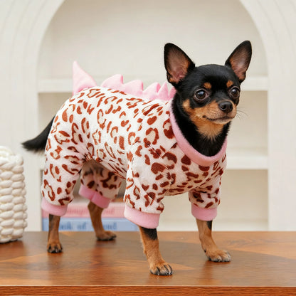 Leopard Dinosaur Dog Pajamas – Warm Fleece Jumpsuit for Small Dogs