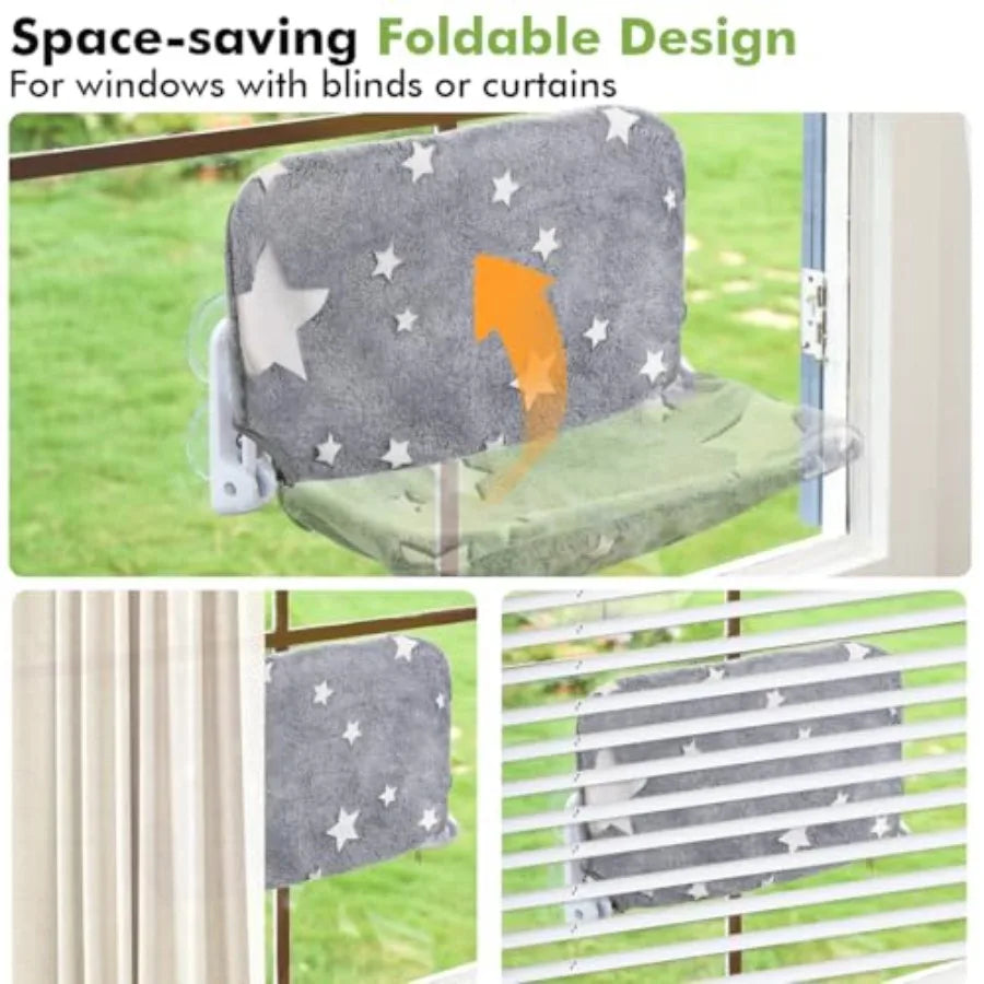 Cat Window Perch, Glow in The Dark Cordless Foldable Pet Hammock Bed for Window with Sturdy Metal Frame, Gowing Pattern Resting