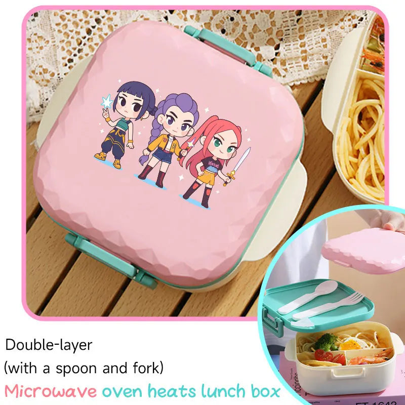 I YAN 800ml BPA-free KPop lunch box with spoon and fork, microwave-safe, portable for students and office workers.