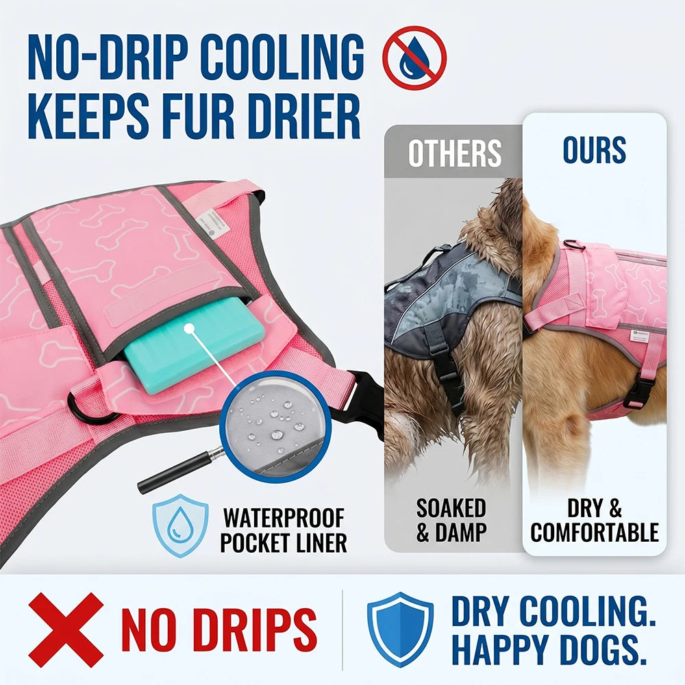 Pink I YAN dog cooling vest harness with four ice packs, designed for large dogs, providing over 180 minutes of cooling.