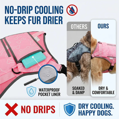 Pink I YAN dog cooling vest harness with four ice packs, designed for large dogs, providing over 180 minutes of cooling.