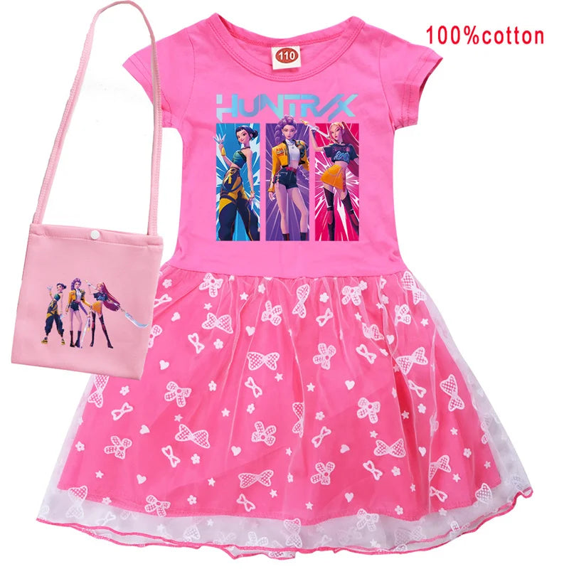 KPop Demon Hunters Rumi Dress Kids Summer Dress Baby Girl's Casual Dresses & Bag 2pcs Sets Lovely Wedding Party Princess Vestido