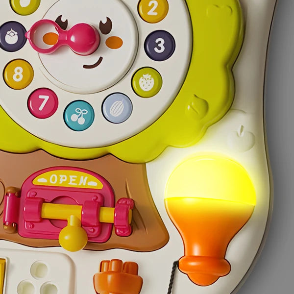 I YAN Montessori busy board for toddlers, featuring sensory toys, activity music, LED lights, suitable for children 1-3 years old.
