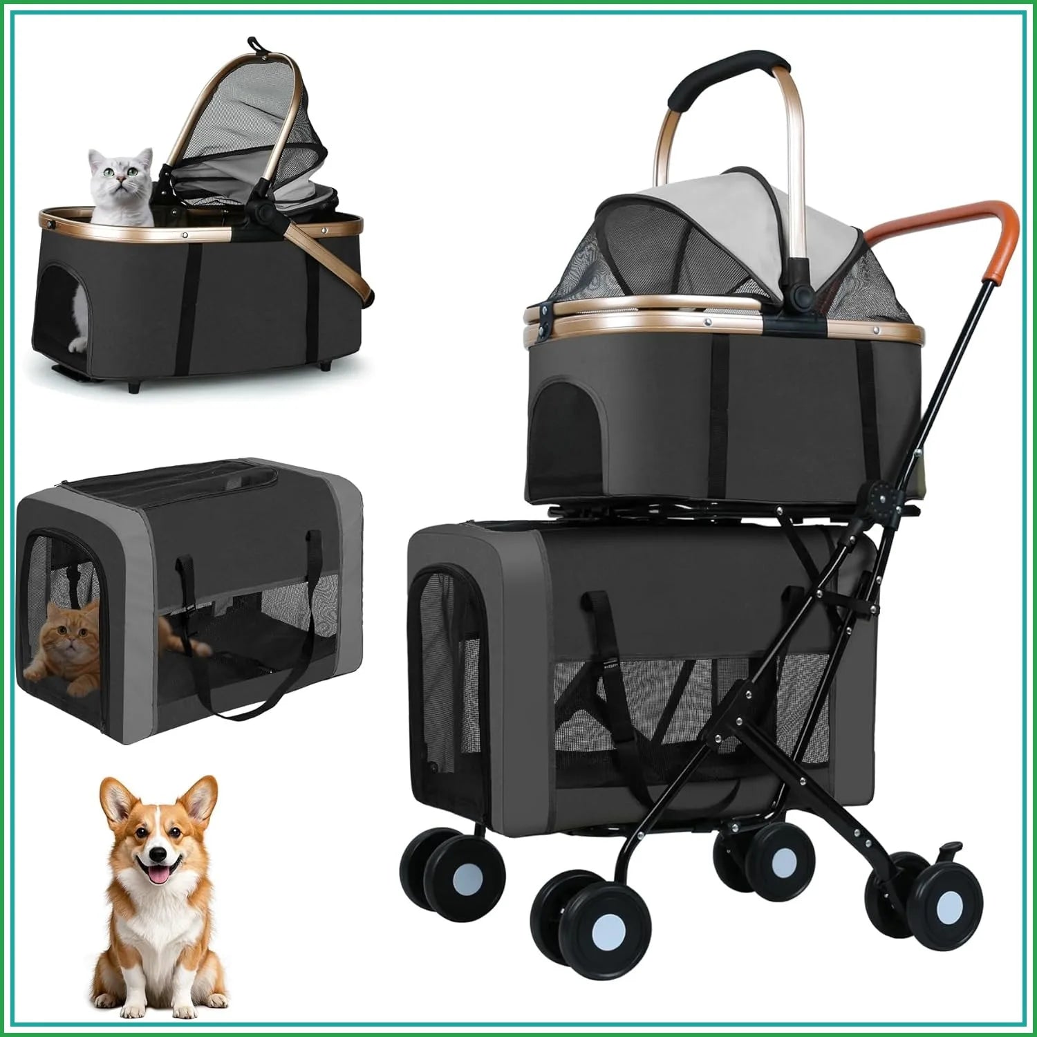 Double Pet Stroller for Dogs & Cats: Foldable Travel Carriage with Detachable Carriers, Safety Belts, 4 Lockable Wheels for Small to Medium Pets, Multi-Pet Home