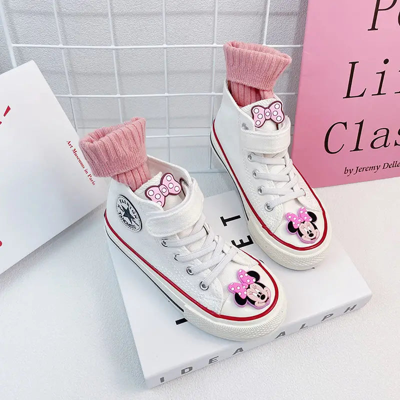 Disney Girls' Canvas Casual Shoes Soft Sole High Top Cartoon Mickey Mouse Minnie Purple White Breathable Shoes Flats Size 24-37